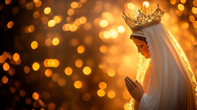 Statue of virgin mary with golden crown and white veil praying against bokeh lights background