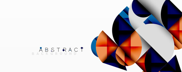 Modern abstract design features geometric shapes, vibrant colors, white space. Dynamic composition creates sleek visual impact.