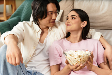 Cozy evening together enjoying popcorn in the comfort of home