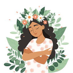 Dark-haired woman embracing herself with closed eyes and a gentle smile, symbolizing self-love and mental health. Vector illustration.