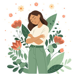 Woman hugging herself surrounded by green leaves, vector illustration of self-love and mental health concept.