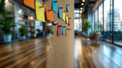 Obraz premium Colorful sticky notes on corkboard in modern office space