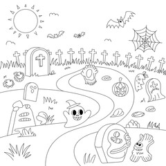 Spooky halloween coloring page featuring a whimsical graveyard scene with cartoon ghosts and festive pumpkins