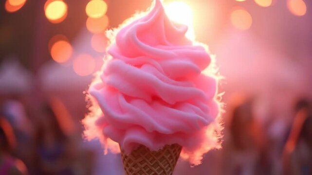 Soft-serve pink ice cream cone against blurred carnival lights  