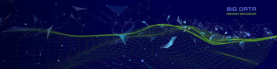 Futuristic background wavy green grid quantum computing with poligons broken data on dark . Digital technology concept research lost bytes in ciberspace. Big data.