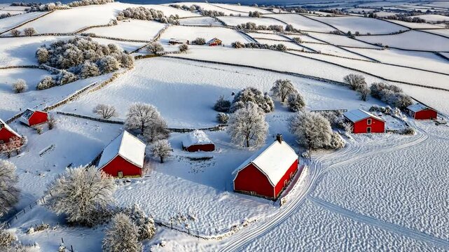 Explore this beautiful winter scene with red barns surrounded by snow-covered fields. Perfect for projects related to agriculture, nature, or seasonal beauty. Generative AI