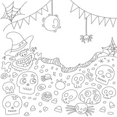 Spooky halloween scene with a witch monster skulls spiderwebs bunting and halloween decorations for coloring and fun