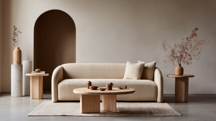 Interior design of living room featuring sofa and coffee table in neutral tones, studio shot, modern style
