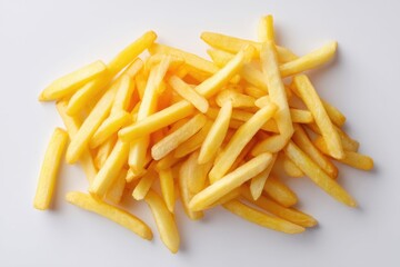 Pile of Golden French Fries on White Background Flat Lay Studio Shot Delicious Crispy Potatoes Ready to Eat