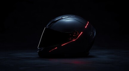 Sleek, dark gray motorcycle helmet with integrated red LED accent lights, shown in profile against a black background