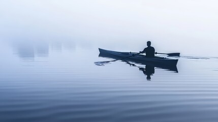 A man is rowing a boat in a lake. The water is calm and the sky is cloudy