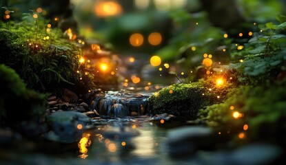 Enchanting forest stream, glowing with fireflies