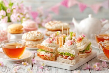 Afternoon Tea Party Still Life with Finger Sandwiches Macarons and Tea Cups on White Wood Table Top