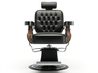 Classic black leather barber chair with tufted backrest, wooden armrests, chrome base, and footrest, isolated on white