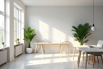 Fototapeta premium A pristine, minimalist workspace bathed in soft, natural light Clean lines and muted tones create a calming, productive atmosphere, ideal for focus and creativity , empty, office, atmosphere