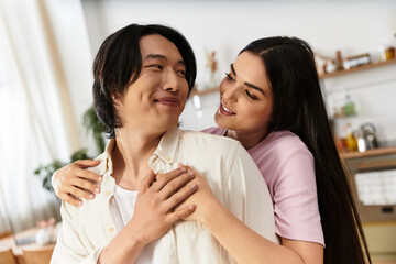 Loving couple shares a tender moment together in their cozy home on a sunny afternoon