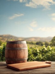 Naklejka premium Rustic wine barrel and wooden cutting board on table in vineyard setting scenic landscape background