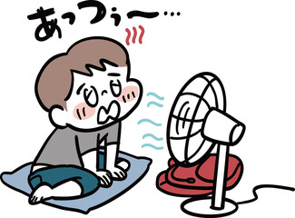 扇風機の風に当たる男の子