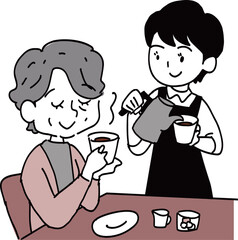 喫茶店でコーヒーを飲むシニア女性