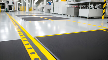A clean factory floor features black anti-fatigue mats bordered by bright yellow safety lines for designated walking or standing zones.