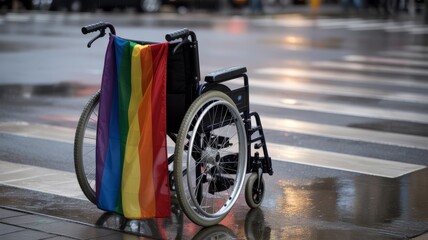 Naklejka premium Empty wheelchair draped with rainbow LGBTQ flag on rainy city street, symbol of inclusion