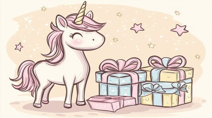 Naklejka premium Cute unicorn with gift boxes. Pastel colors, whimsical style