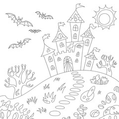 Fototapeta premium Whimsical line art illustration of a halloween castle with bats flying and a sunny day for coloring pages