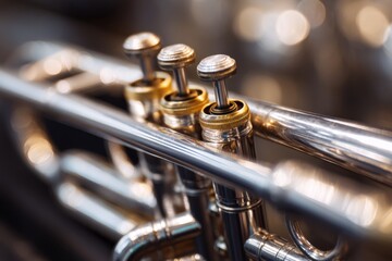 Fototapeta premium Close up of Trumpet Valves in Silver and Gold Tones with Bokeh Background for Musical Instrument Detail