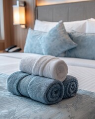 Rolled towels stacked on hotel bed close up shot of luxury room with pillows and headboard in background