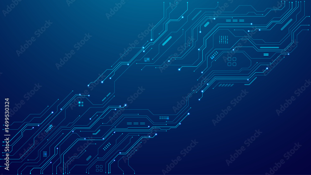 Poster Abstract circuit board elements on technology blue futuristic background. Circuit board vector illustration. Tech network bg. Cyber connection electronic. AI chip and Big Data concept. Digital vector.