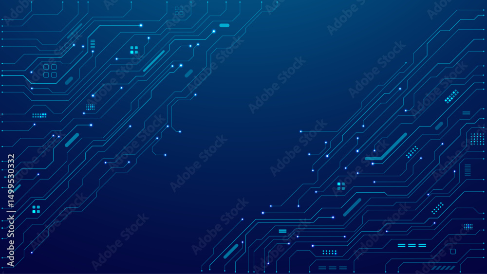 Poster Circuit board on technology dark blue background. Abstract digital tech bg. Electronics and computer technology concept. Chip and circuit board. Chip connectors illustration. Digital vector web banner