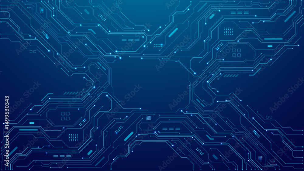 Poster Abstract AI circuit board. Blue technological background. Tech connected blue lines with circuit elements. Digital bg. Computer motherboard with processor, chip, and semiconductor. Vector illustration