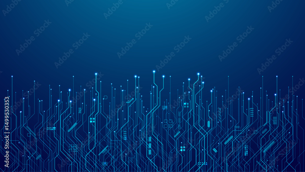 Aufkleber Abstract dark blue background with technology circuit board texture. AI chip or semiconductor. Digital tech bg. Circuit pattern with data electronics elements. Vector futuristic pattern. 