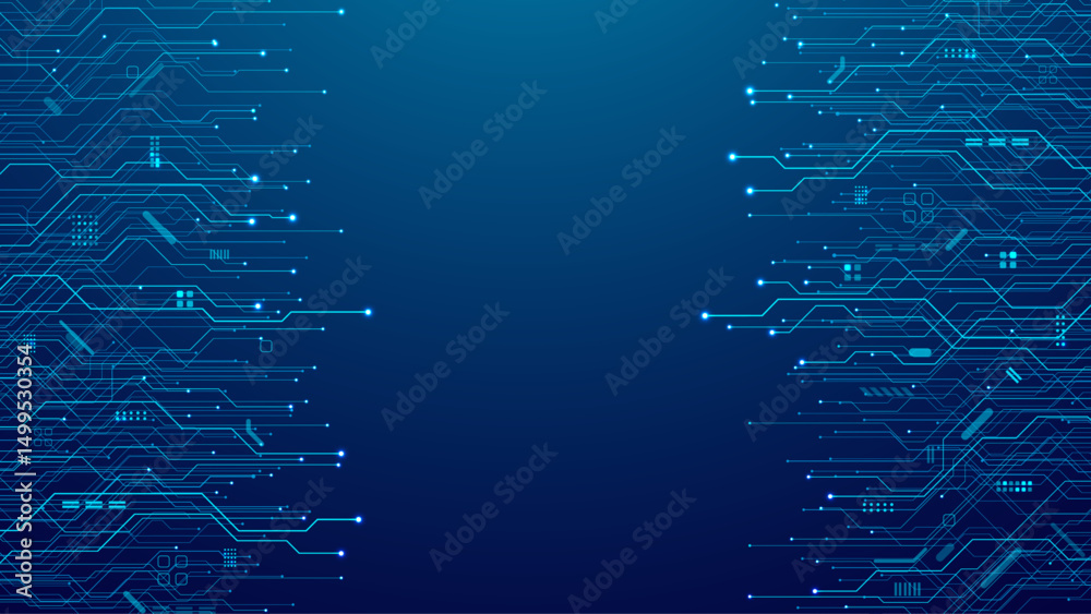Poster Modern technology blue circuit board texture or pattern. Web background design. Futuristic blue circuit board on tech bg. Abstract backdrop template. Great for web presentations and banners. Vector
