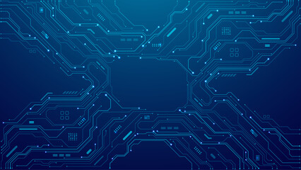 Abstract AI circuit board. Blue technological background. Tech connected blue lines with circuit elements. Digital bg. Computer motherboard with processor, chip, and semiconductor. Vector illustration