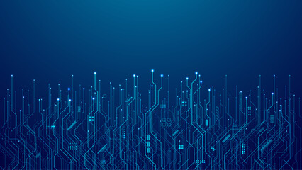 Abstract dark blue background with technology circuit board texture. AI chip or semiconductor. Digital tech bg. Circuit pattern with data electronics elements. Vector futuristic pattern. 