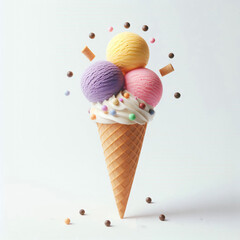 A colorful ice cream cone with three scoops of ice cream in yellow, purple, and pink. The cone is topped with whipped cream and surrounded by colorful sprinkles.