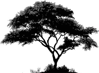 Silhouette of a broad acacia tree with detailed leaves. Vector illustration