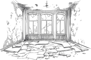 Sketch of an abandoned room with broken windows and scattered debris. Vector illustration