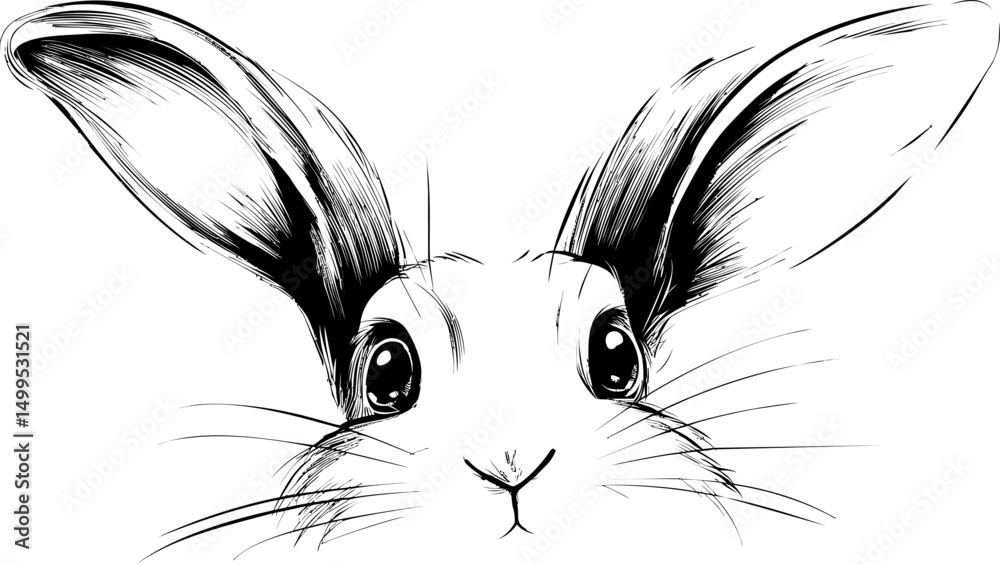 Aufkleber illustration of a cute rabbit with large ears and expressive eyes in black and white. vector illustr