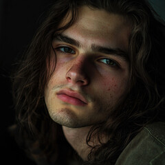 Сlose-up portrait of a young pensive man with intense eyes, skin texture, and long wavy hair on black. Dramatic lighting enhances mystery and depth, creating a cinematic, edgy aesthetic.Generative ai
