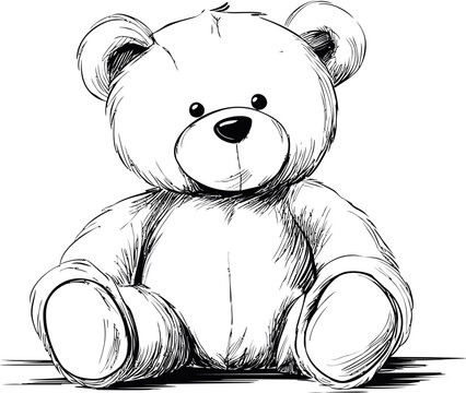 Naklejki Black and white sketch of a teddy bear sitting. Vector illustration
