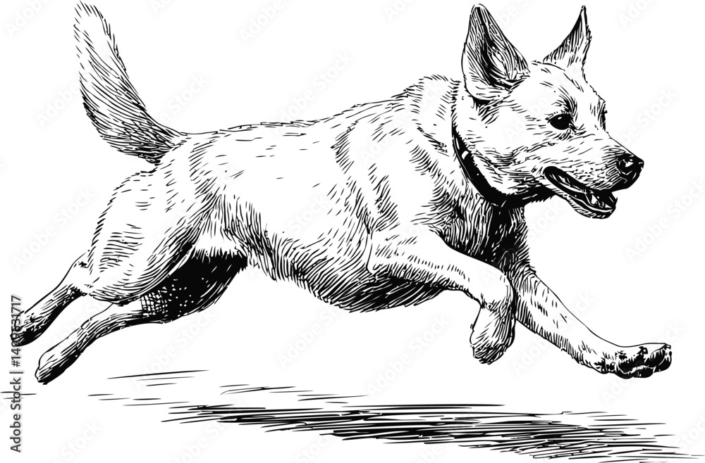 Aufkleber illustration of a playful dog jumping with joyful expression in black and white. vector illustration