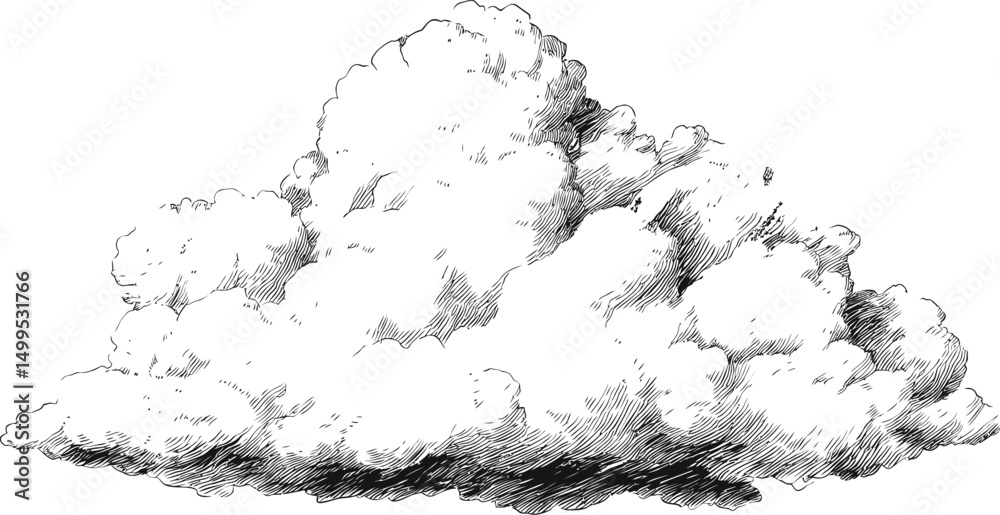 Poster detailed ink sketch of a cumulus cloud showcasing texture and shading techniques. vector illustratio