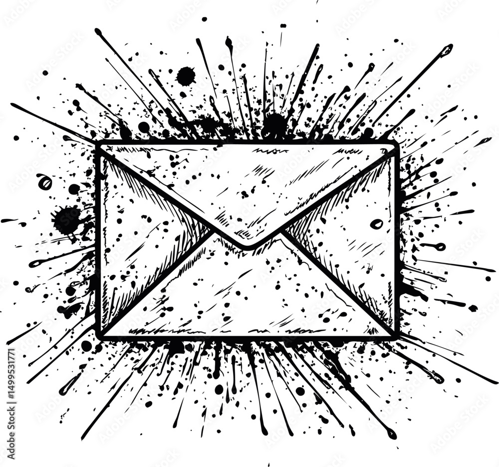 Poster ink splatter sketch of an envelope with artistic black and white design. vector illustration