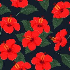 Blossom Hibiscus Flowers seamless pattern. Bright Tropical background. Hand-drawn Vector illustration