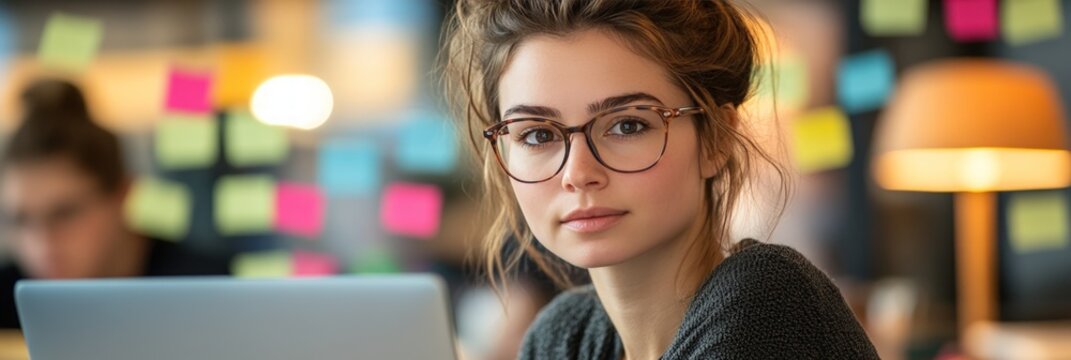 Focused young woman working on laptop