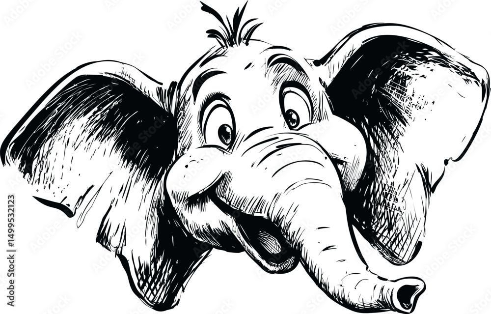 Poster happy cartoon elephant head sketch with large ears and joyful expression. vector illustration