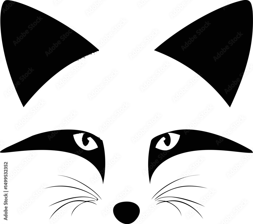 Poster minimalist black and white fox face design with pointed ears and whiskers. vector illustration