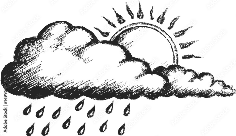 Aufkleber sketch of sun behind clouds with raindrops, weather transition art. vector illustration